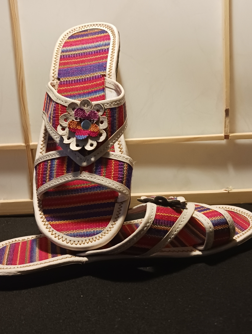 Colorful Striped Flower Slide Sandals - White Trim